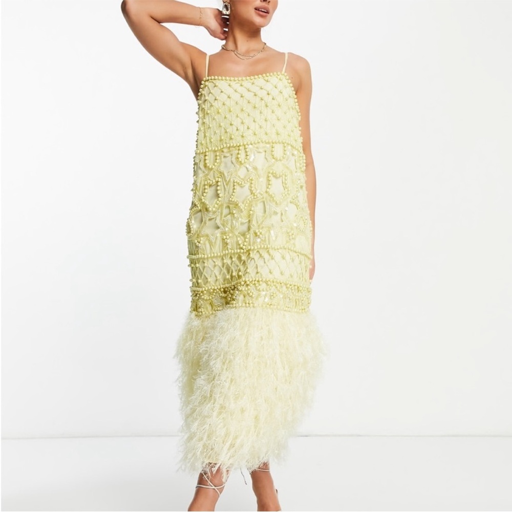 ISO———- ASOS Lemon Feathered beaded Midi Dress